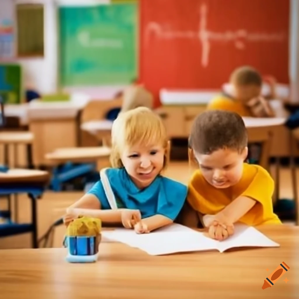 a classroom with desks and a blackboard