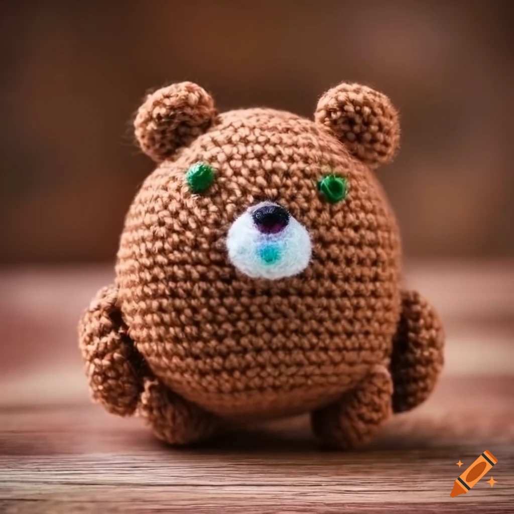Crochet bear toy with green button eyes on Craiyon