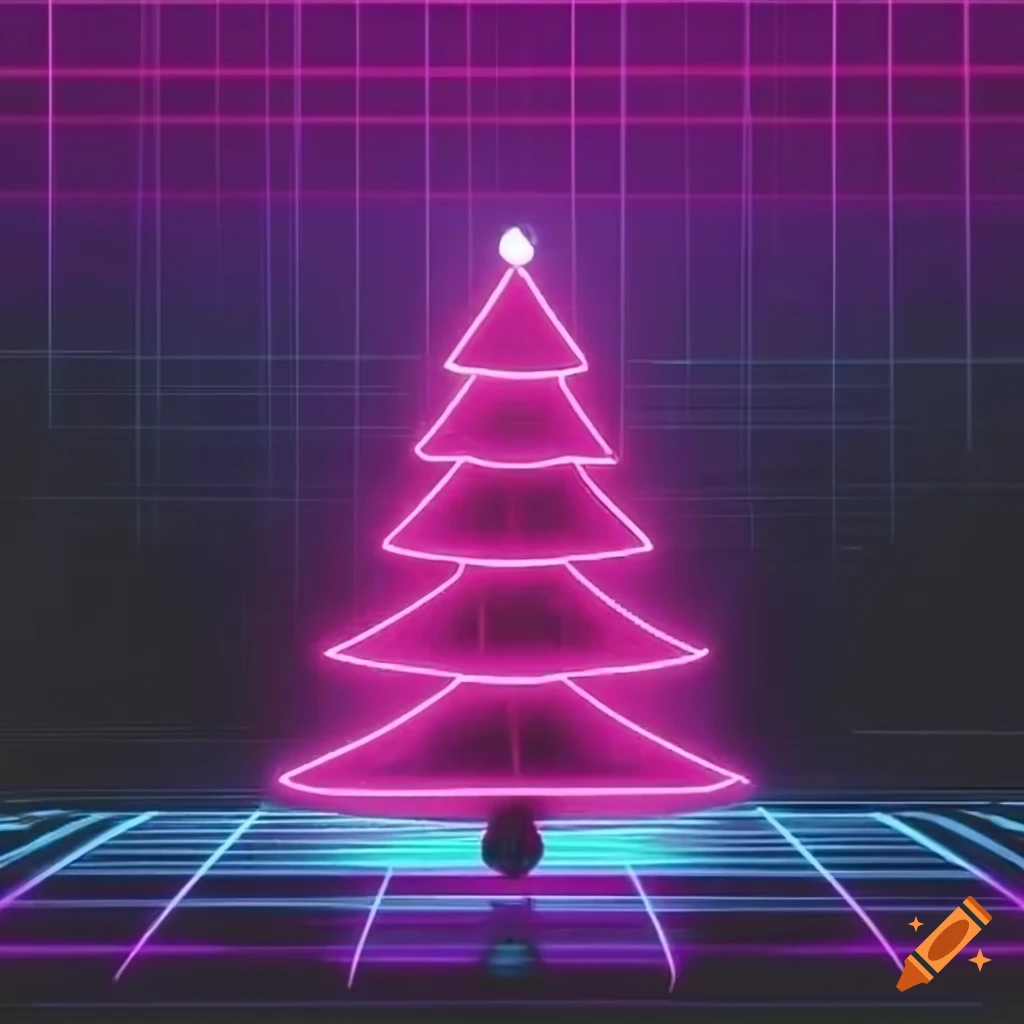 Neon synthwave christmas tree on a cyber grid on Craiyon