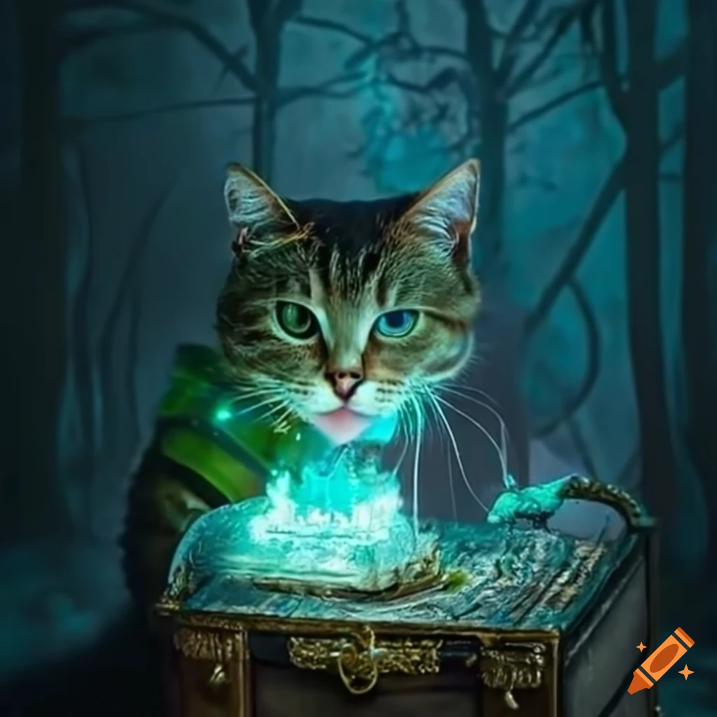 cat enchanted by a glowing treasure chest
