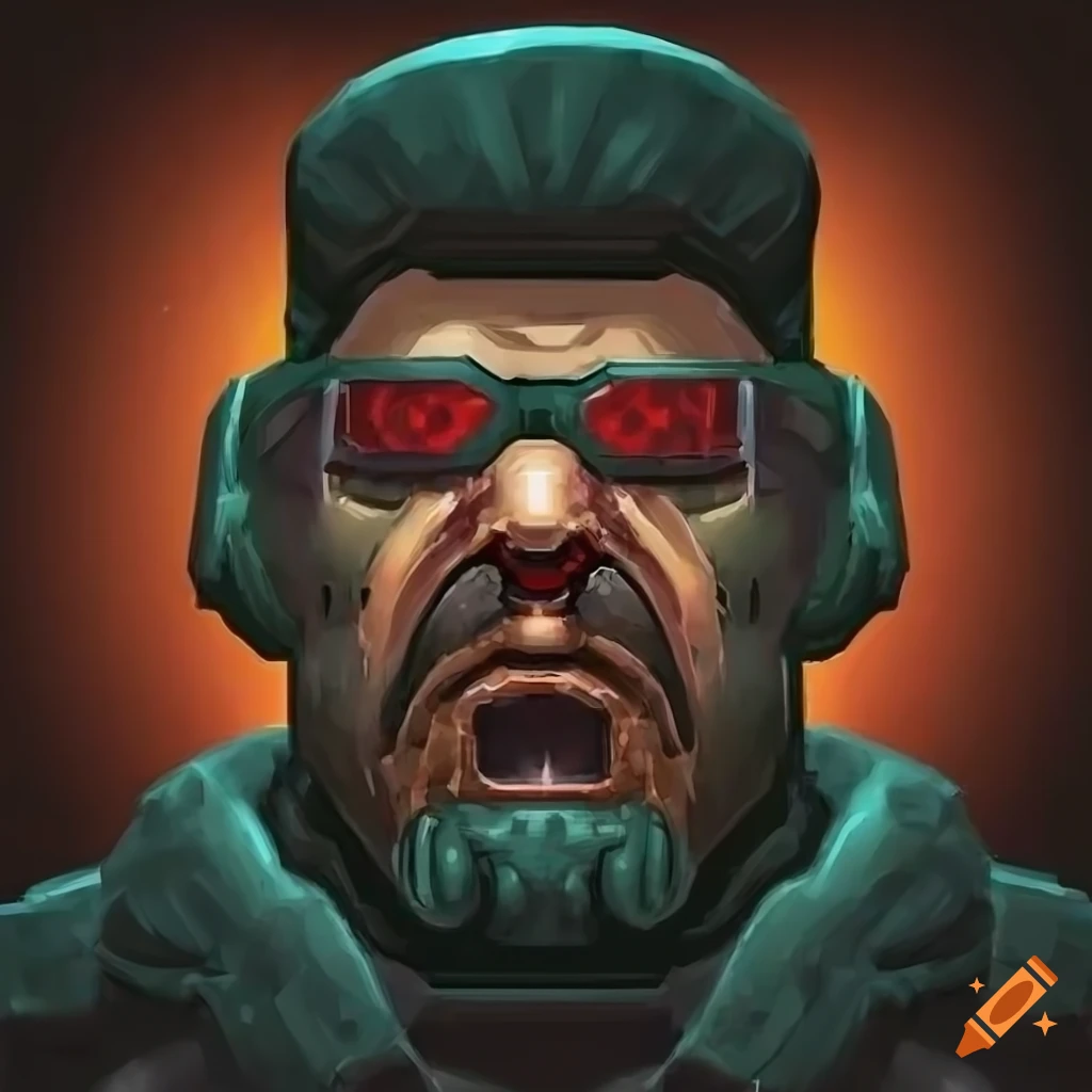 Portrait of doomguy without helmet and wearing goggles