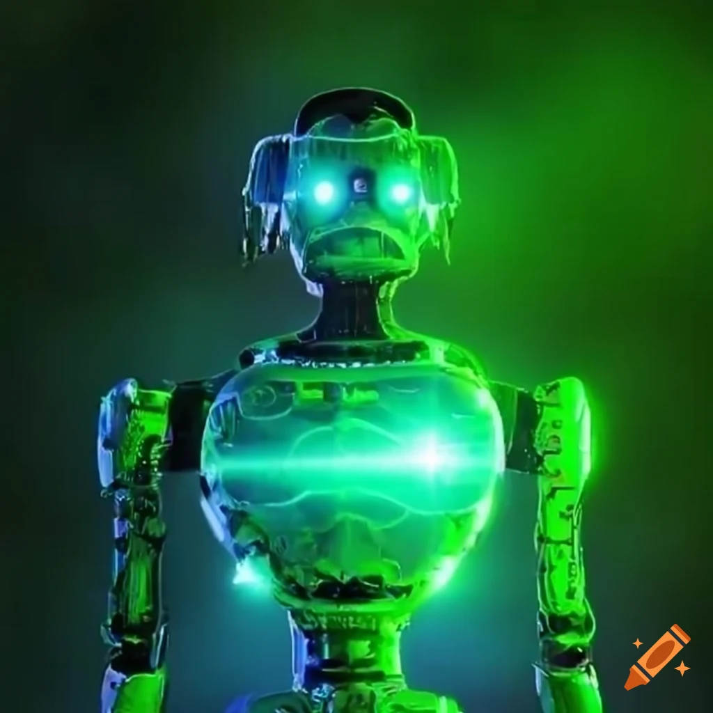 Robot with green laser eyes in a tropical forest