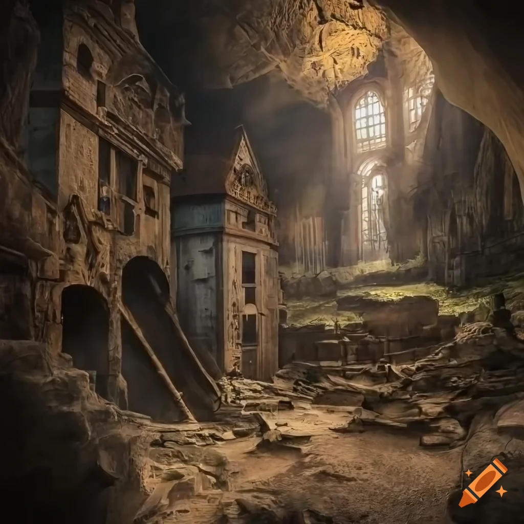 Photograph of a steampunk town inside a cave