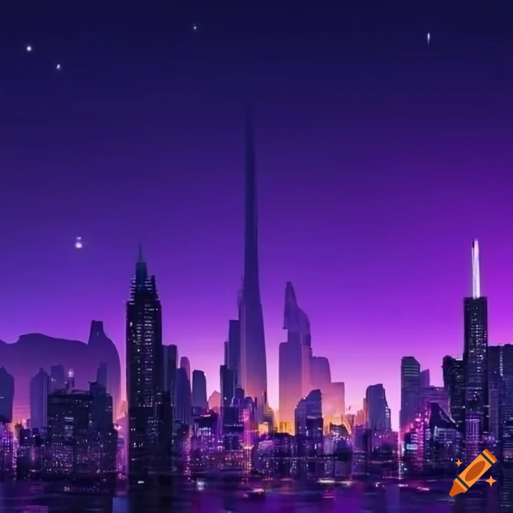 purple-hued view of a futuristic city at night