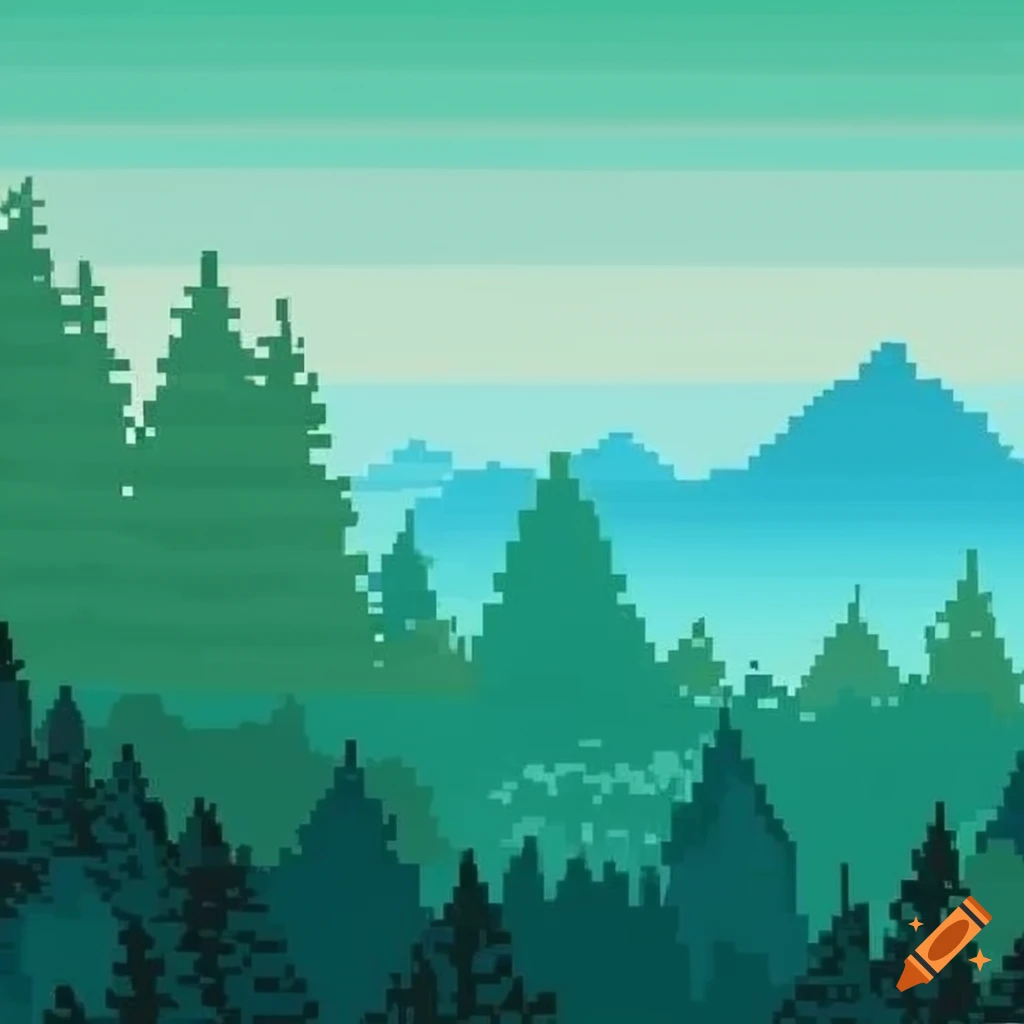 retro pixel art of mountains and trees