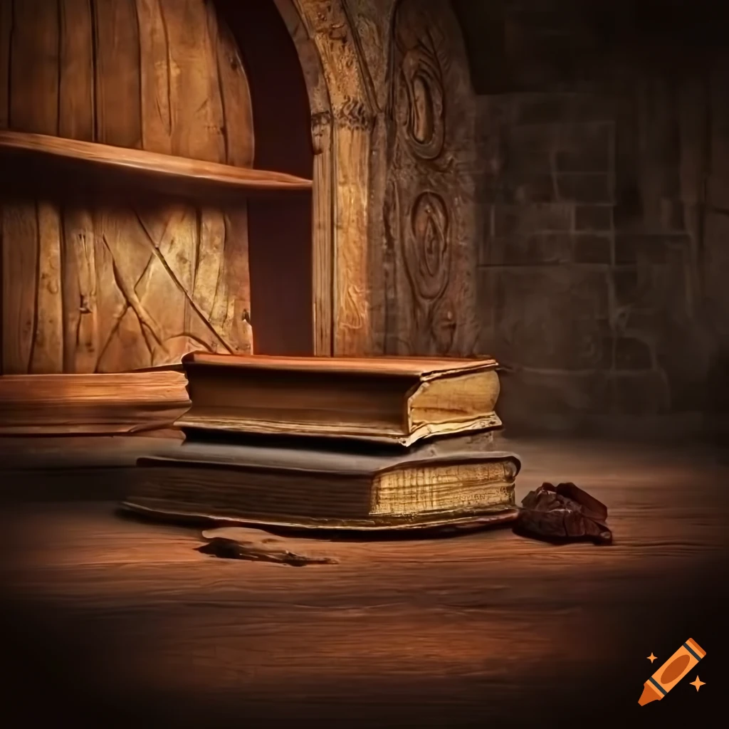 Photograph of a leather book in a medieval cellar on Craiyon