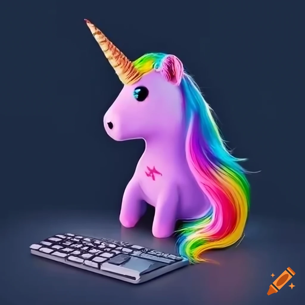 Unicorn fixing a computer with keyboard and mouse
