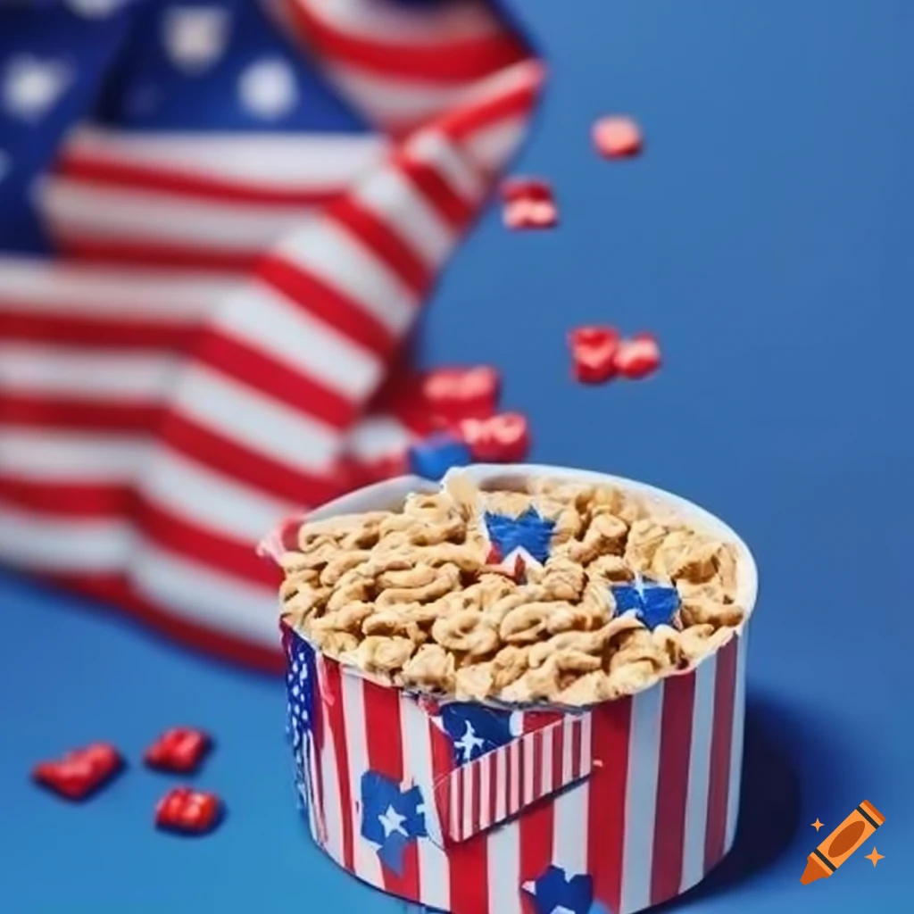 Usathemed cereal box with flag and constitution design on Craiyon