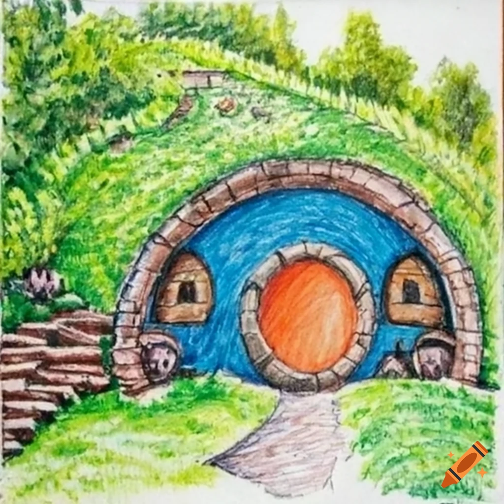 Crayon drawing of a cozy hobbit house