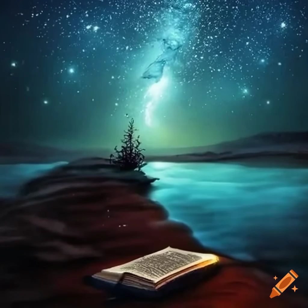 Imagen de una biblia junto a un río de agua en la noche on Craiyon