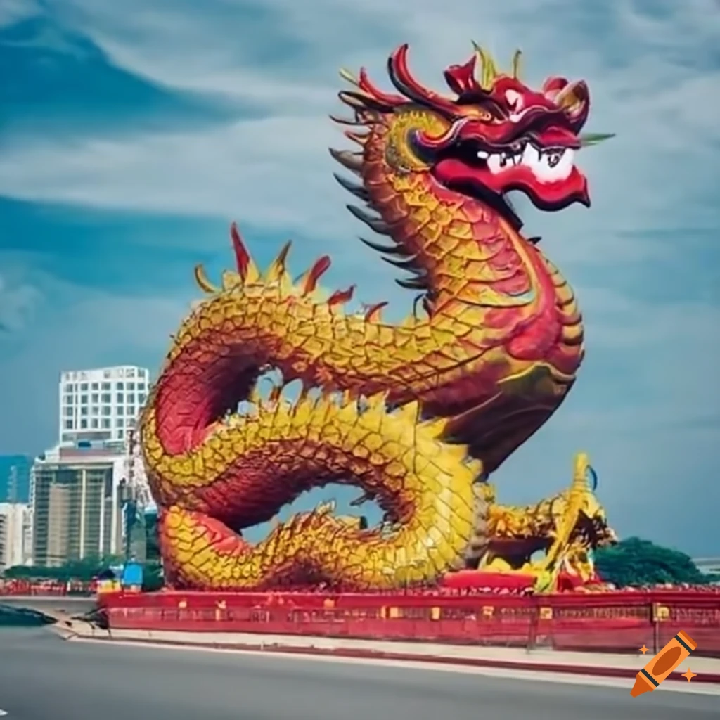 Chinese dragon statue seen across a highway