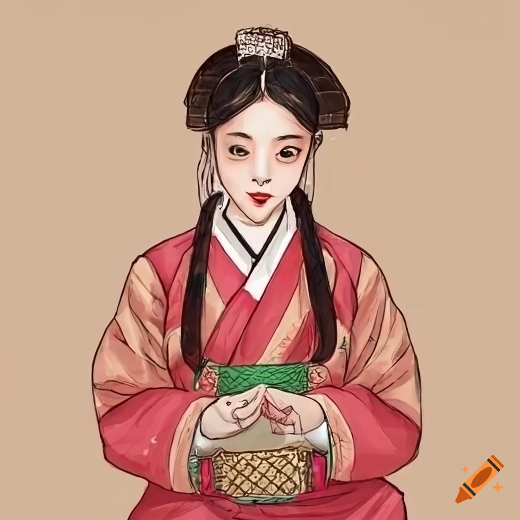 drawing of a Korean girl engaged in traditional activities