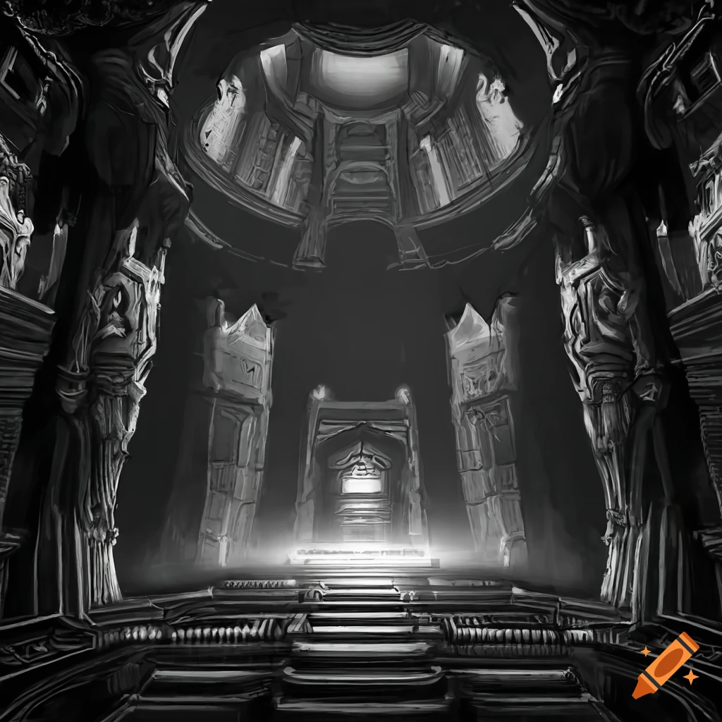 black and white realistic sci-fi temple interior