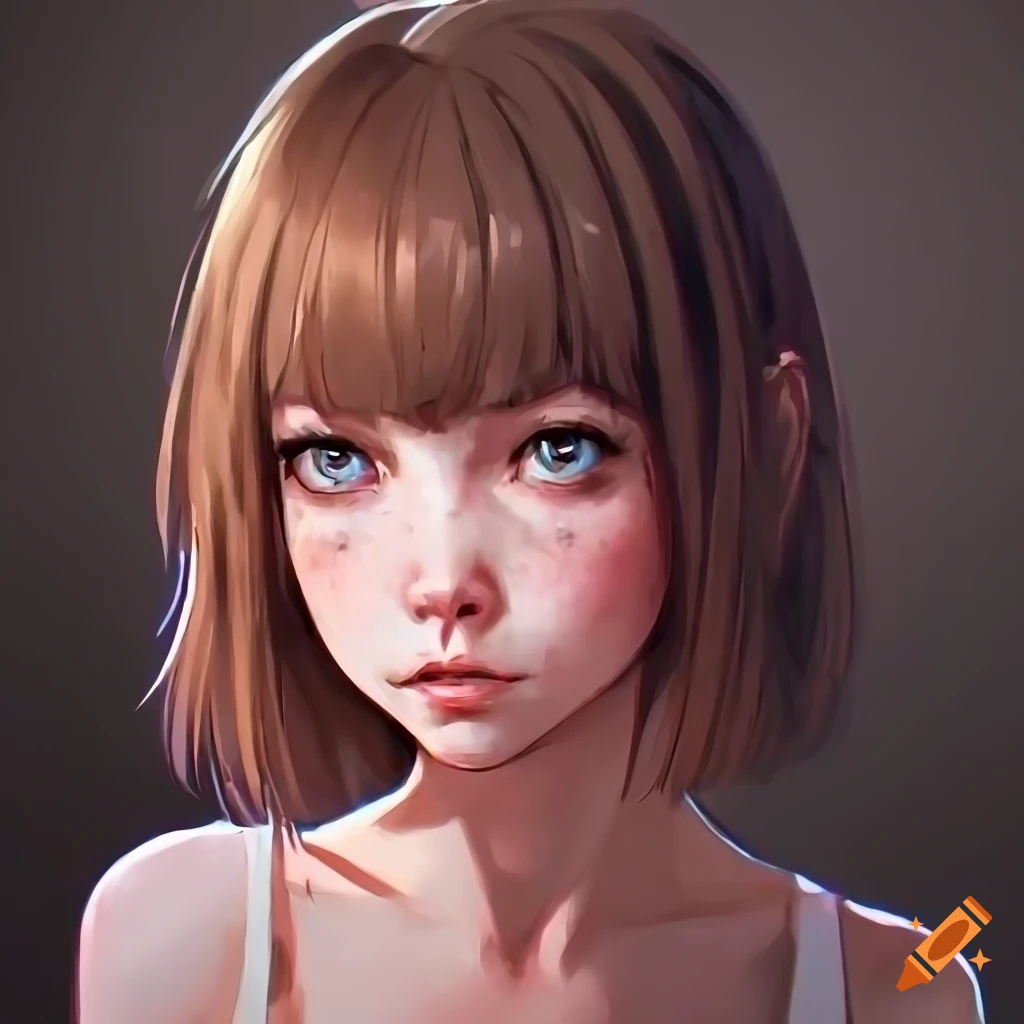 Melancholic portrait of a woman with blue eyes and brown hair