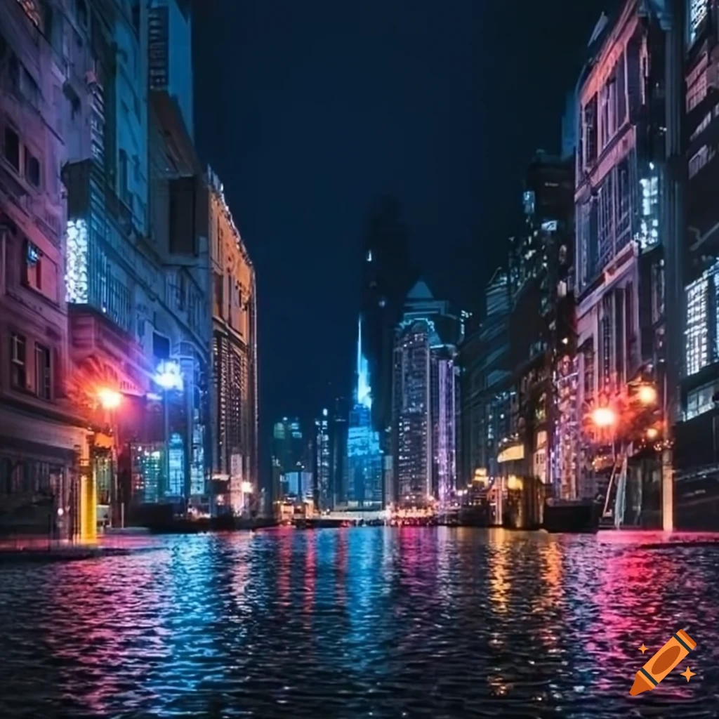 Colorful night city intersection with water reflection on Craiyon
