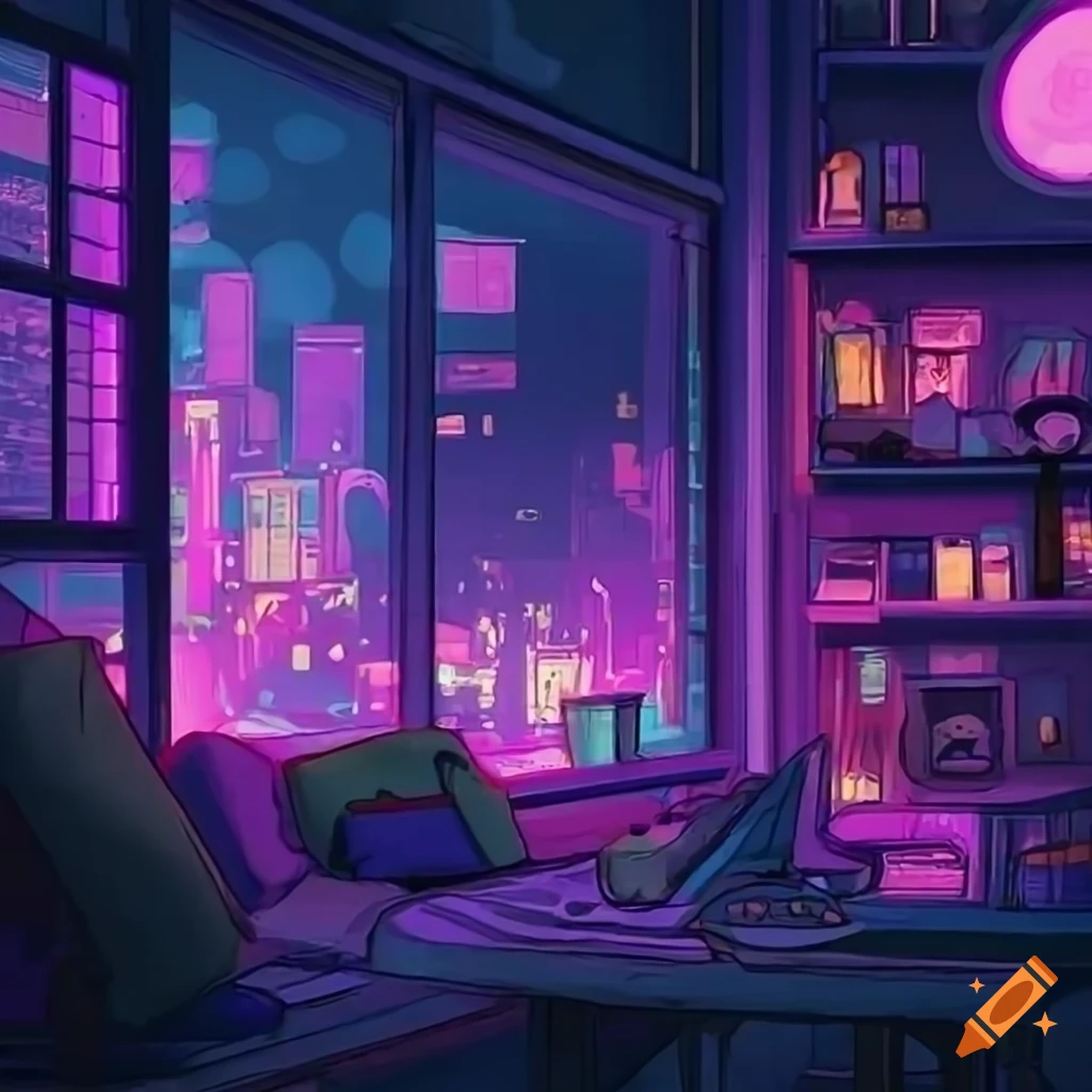Cozy cyberpunk room with purple lights and plants