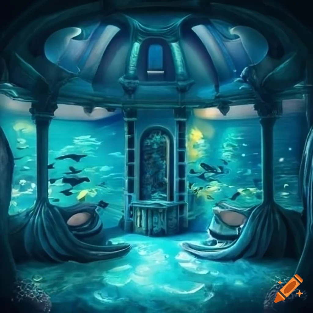 A deep sea underwater kingdom, castle built from corals, blue and
