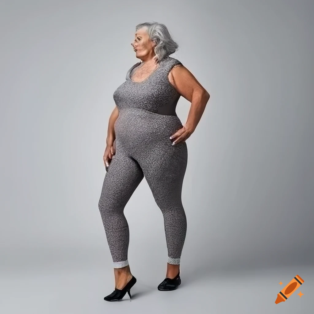 Fashionable elderly woman in gray leggings on Craiyon