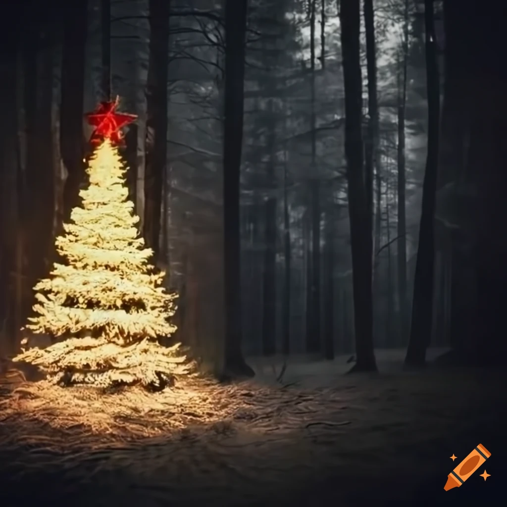 Christmas tree in a dark forest on Craiyon