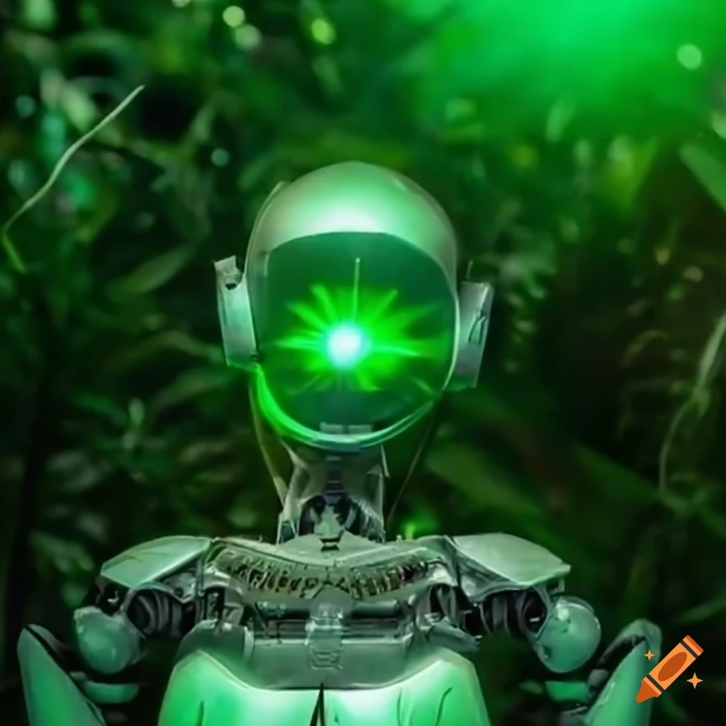 Robot with green laser eyes in a tropical forest on Craiyon