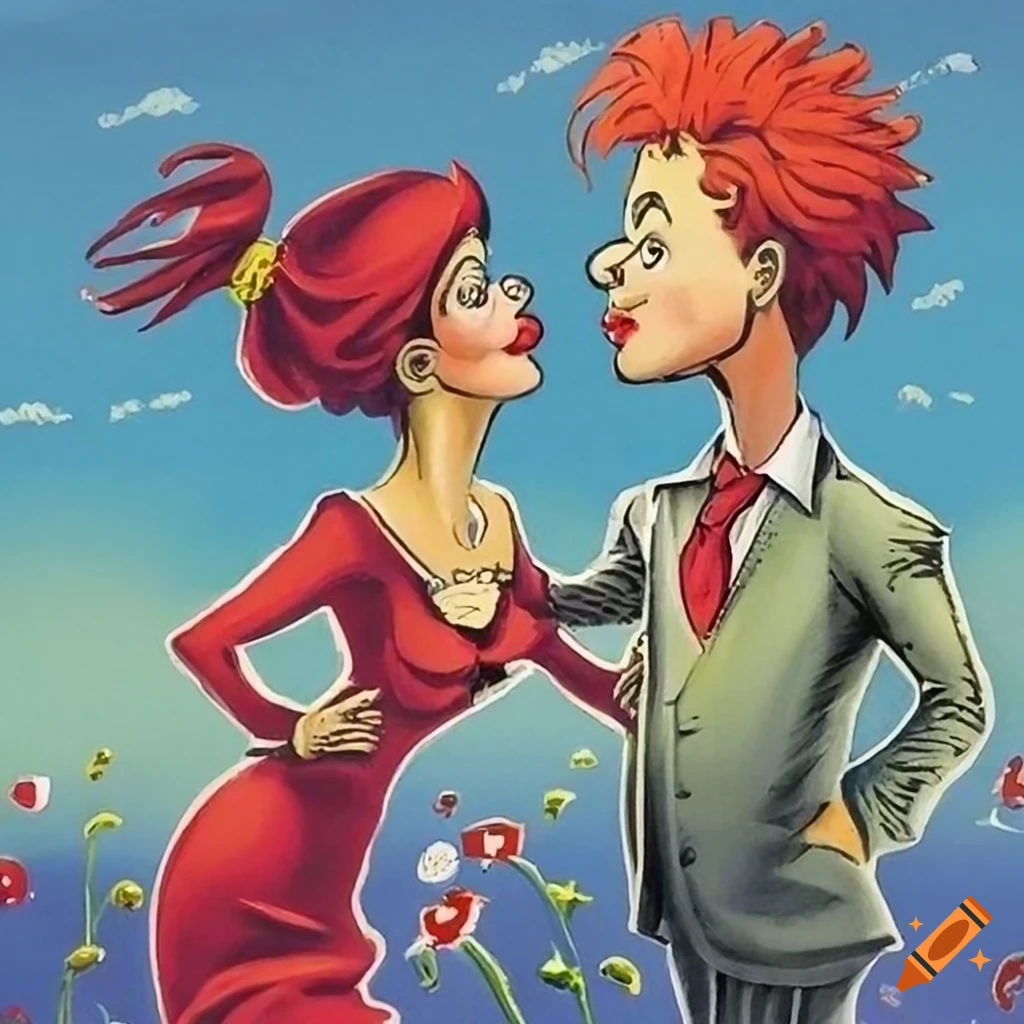 colorful book illustration of a funny kiss
