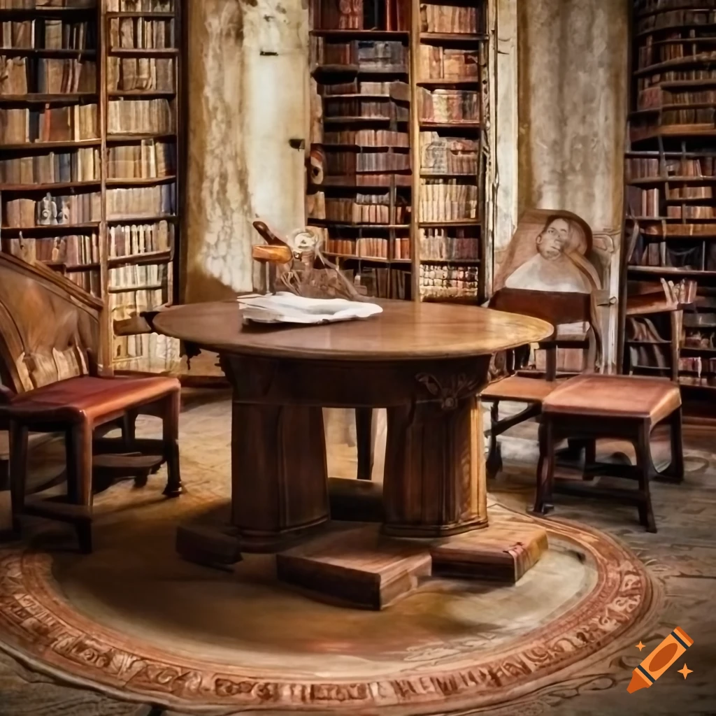 Photograph of a round table in a medieval library on Craiyon