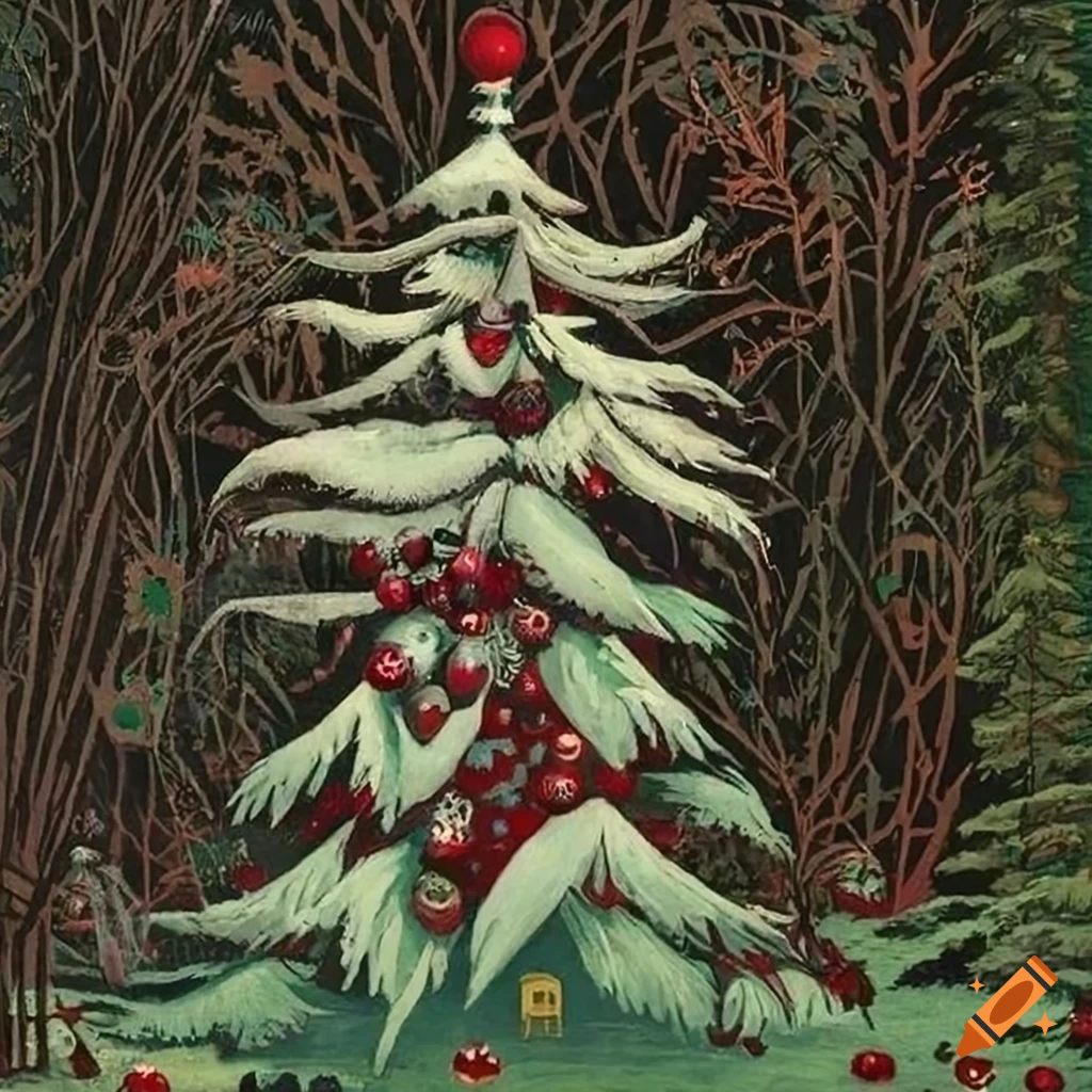 intricate Christmas illustration with a feather Christmas tree