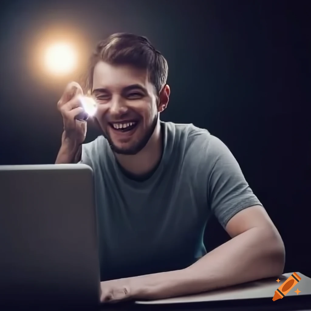 Man using computer with a happy expression on Craiyon