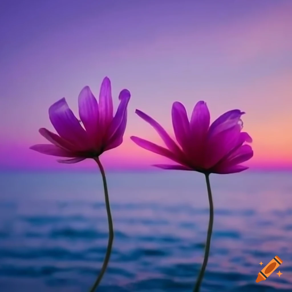 blooming flowers on the sea with purple sky