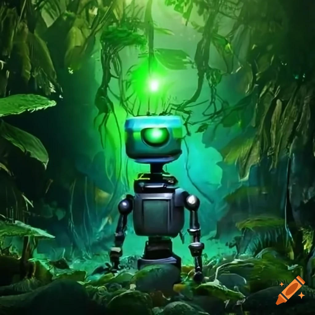 Robot with green laser eyes in the jungle on Craiyon