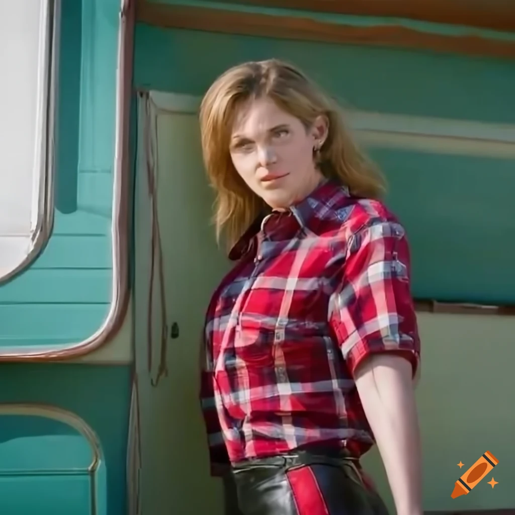 actress lookalike standing in doorway of a caravan