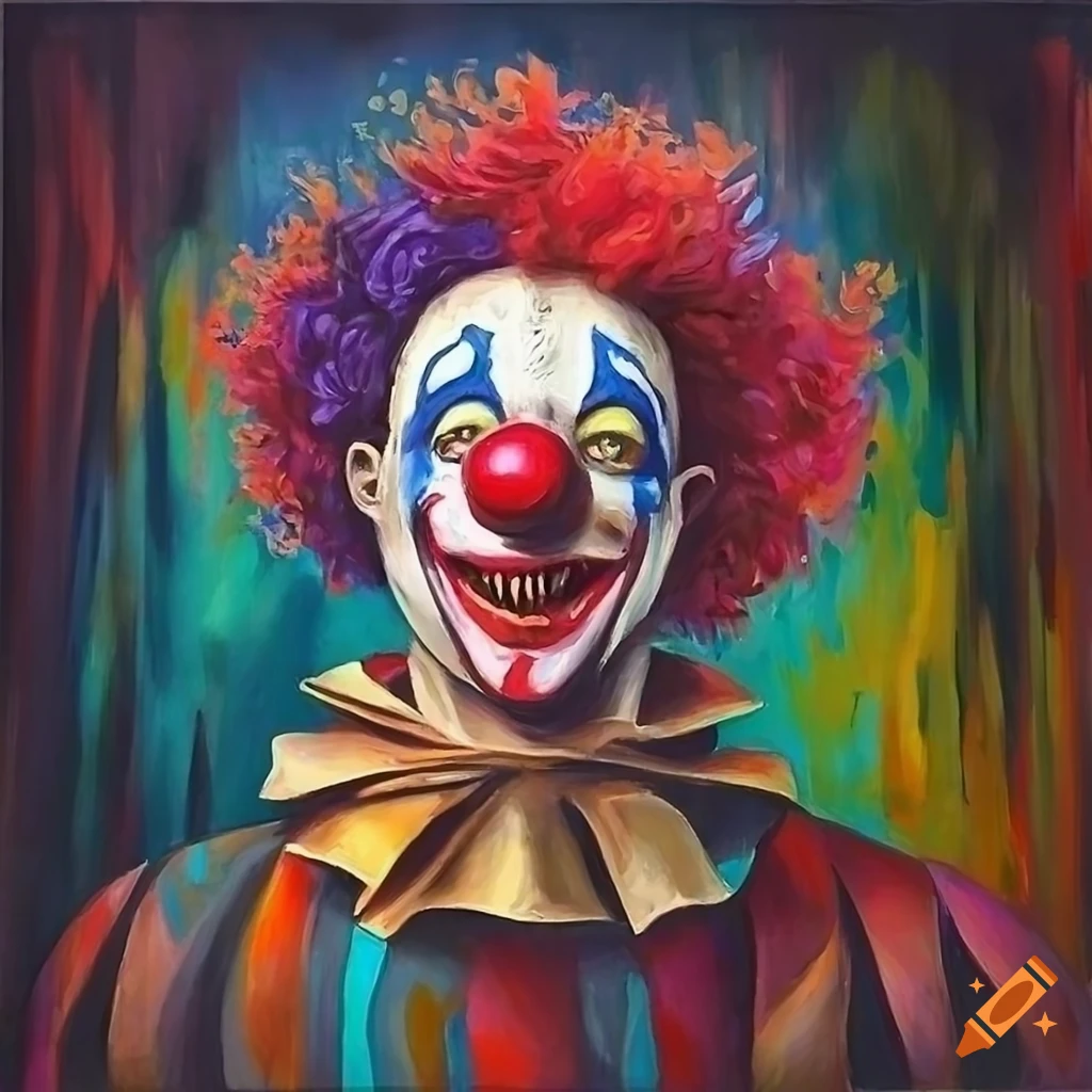 painting of a surrealistic and morbid circus clown with various objects