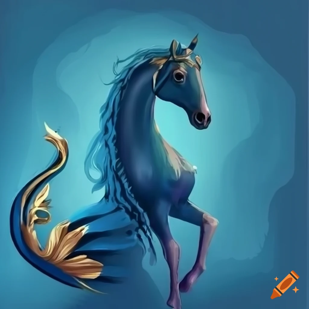 Illustration of a mythical blue horse swimming in the ocean on Craiyon