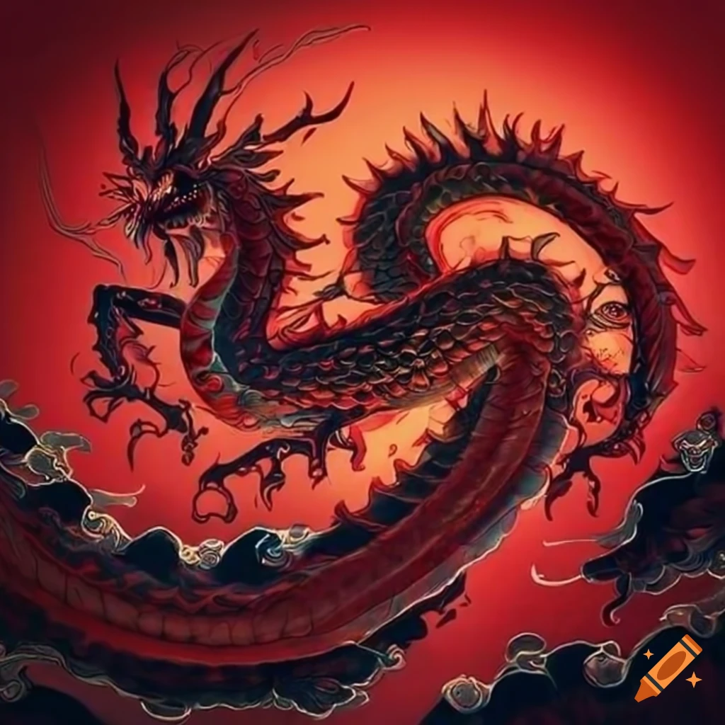 Китайский дракон с большими рогами и зубами, длинные волосы, злой вид,  издаёт рёв, готовится к нападению. симметричное лицо, высокое качество on  Craiyon