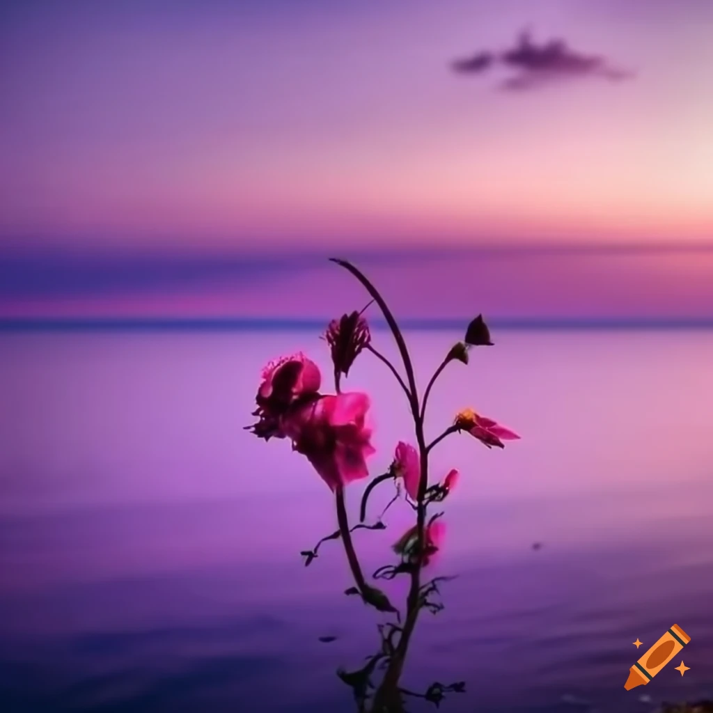 Blooming flowers by the sea at sunset