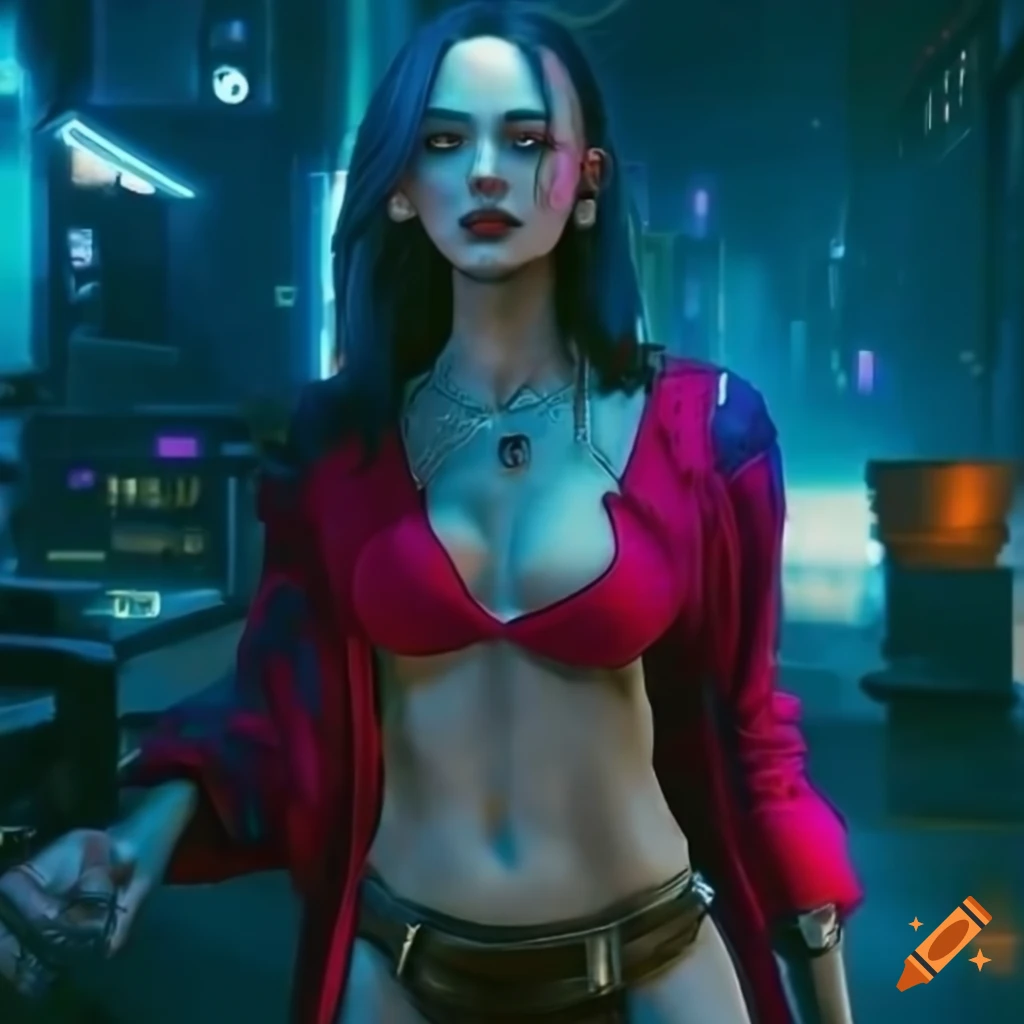 female character in a cyberpunk nightclub