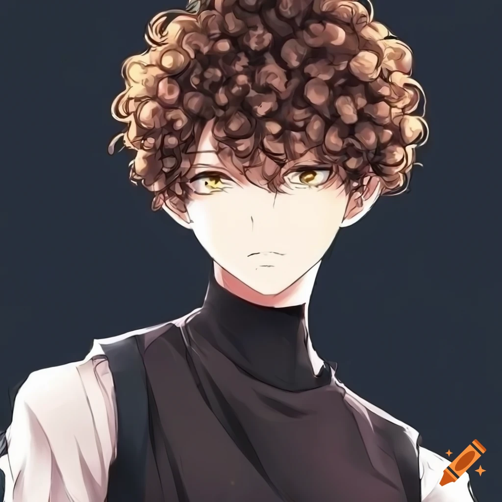 anime boy with curly brown and black hair