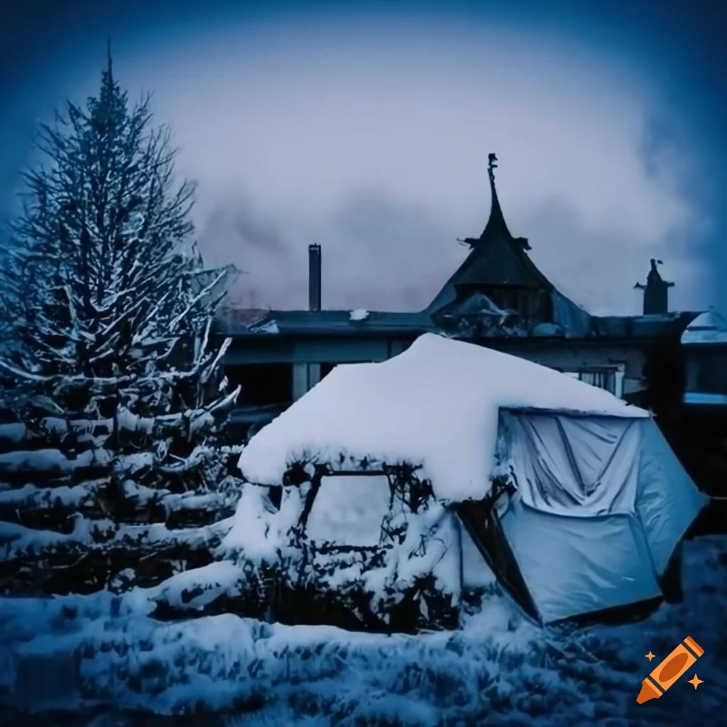 Snow-covered military tent with a christmas tree in front on Craiyon