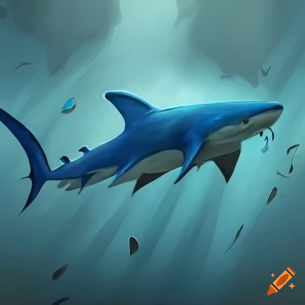 fantasy artwork of a shark swimming in a blue lake