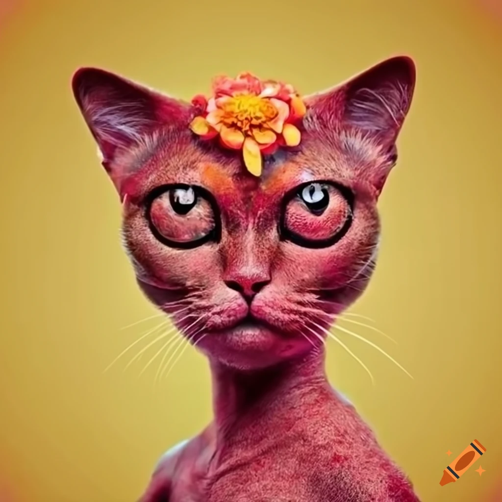 cat with flower-shaped head in red, orange, and yellow