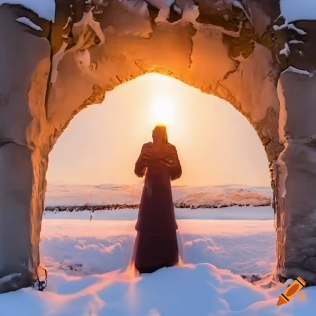 a magical fireplace portal in the snow
