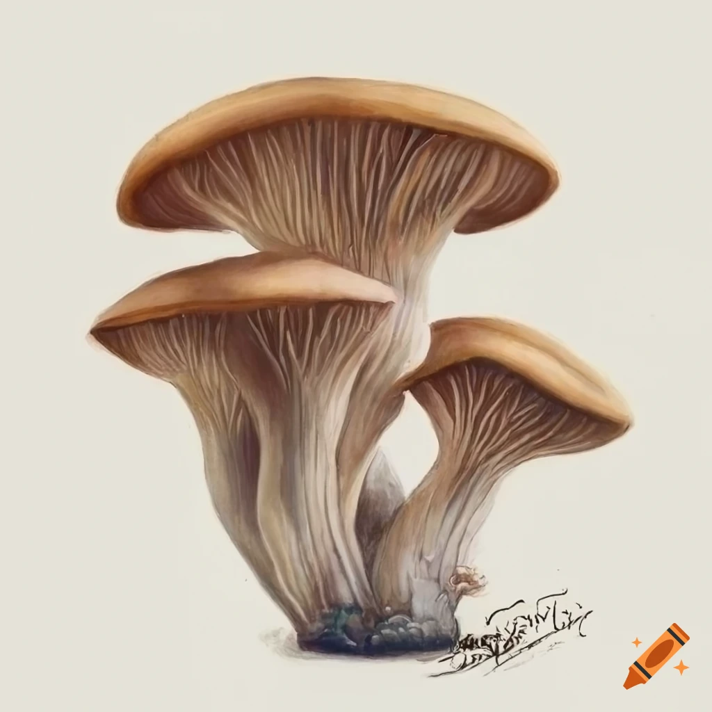 Realistic pencil drawing of pearl oyster mushrooms on Craiyon