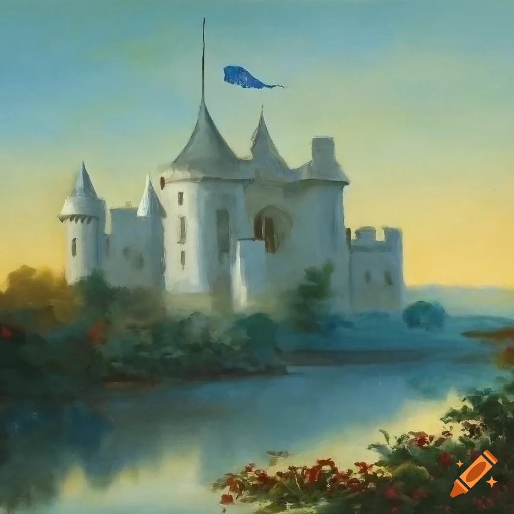 Pre-raphaelite painting of a white castle by a river on Craiyon