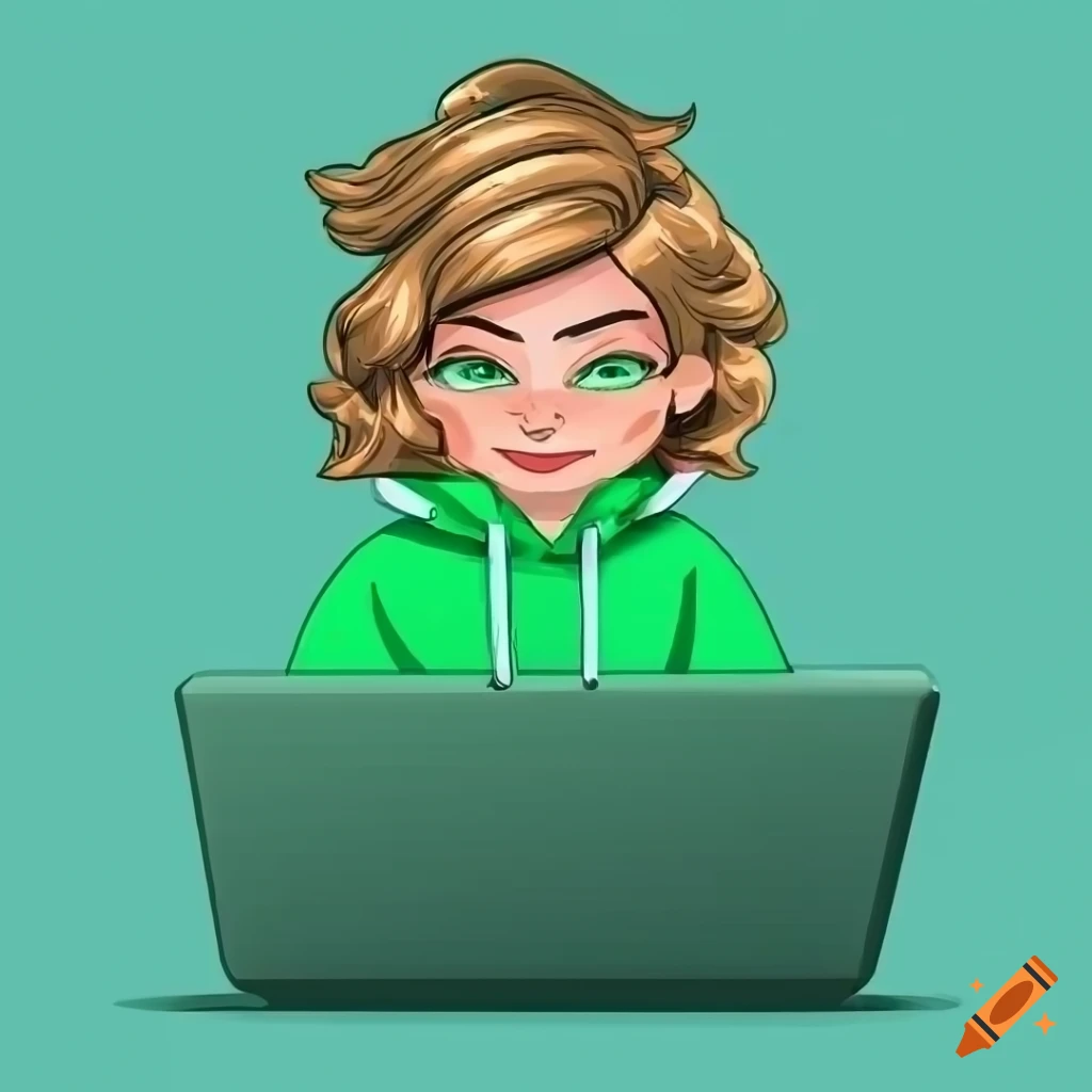Cartoon illustration of a young woman programmer working on a laptop