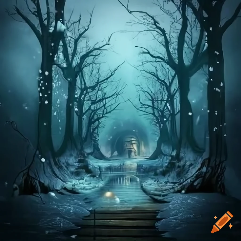 Comic book art of a snowy forest on Craiyon