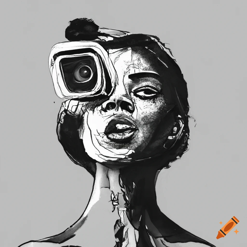 black ink drawing of a woman being filmed by surveillance cameras