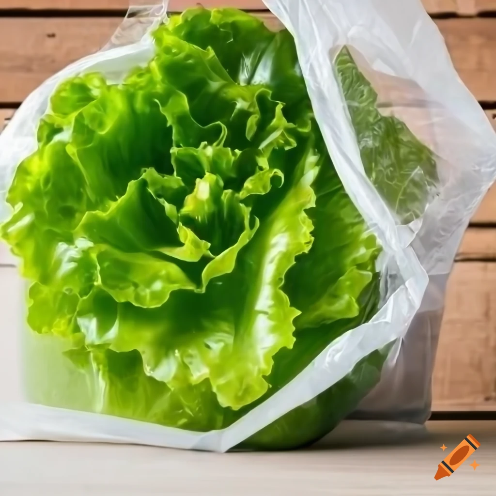 Image of fresh green lettuce in a plastic bag
