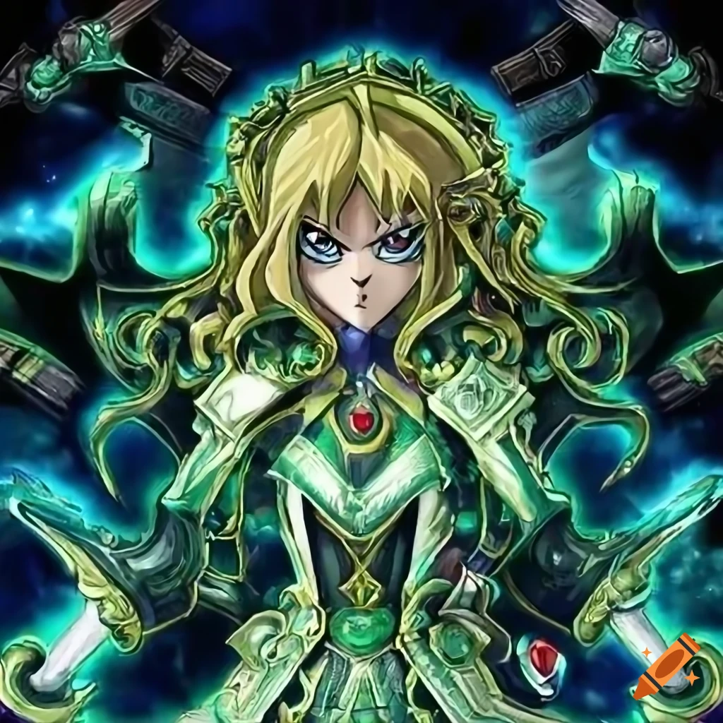 detailed artwork of a green-haired spellcaster with golden details