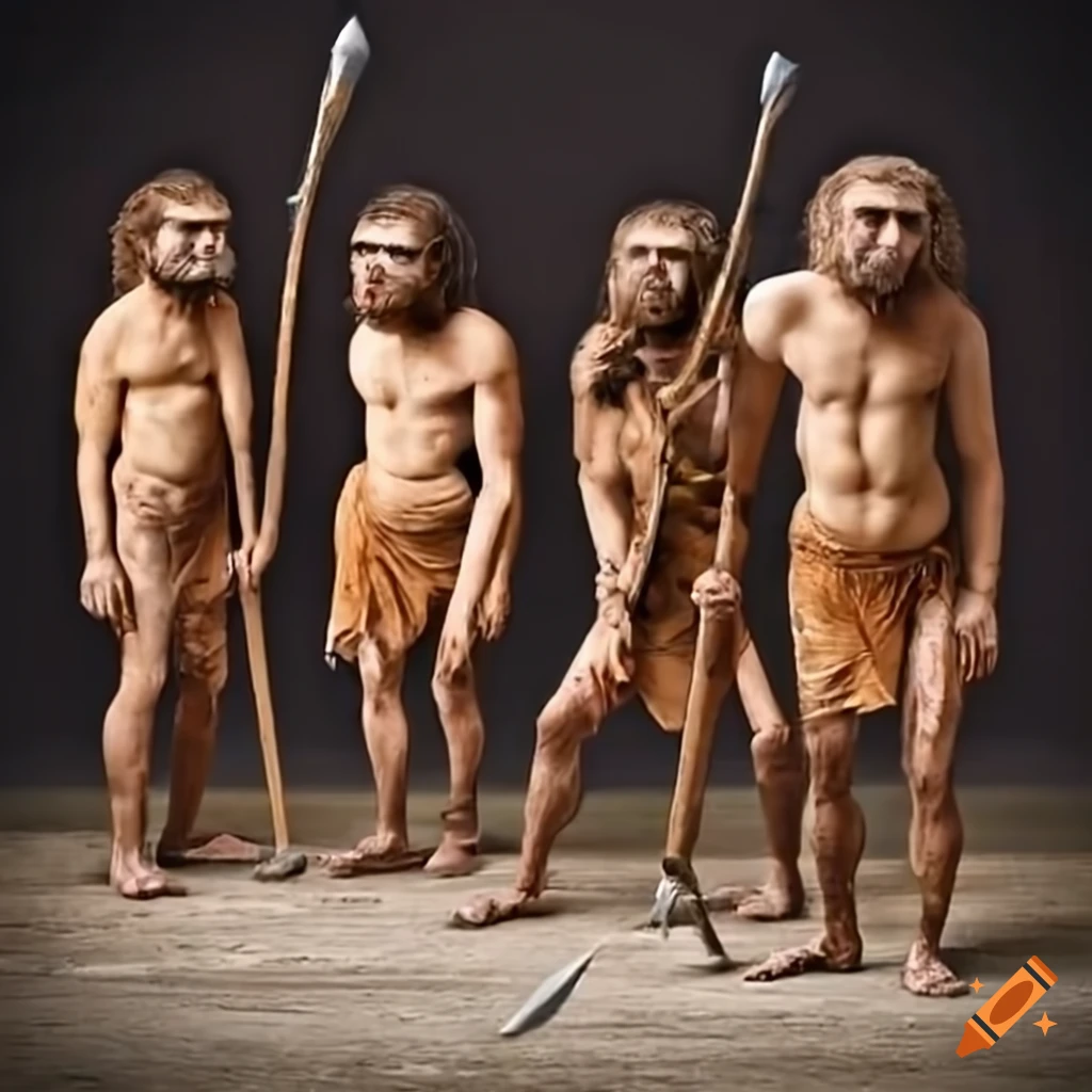 Group of cavemen with spears and axes on Craiyon