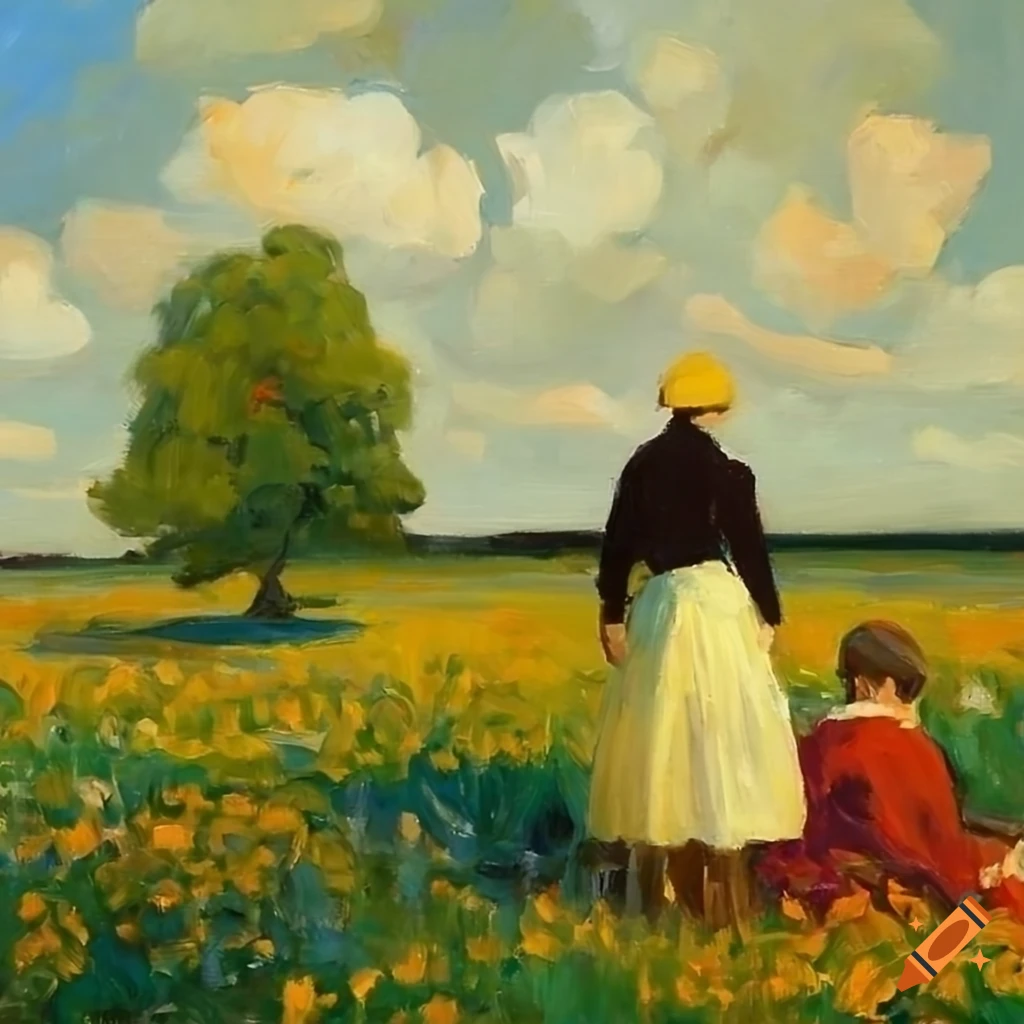 Colorful oil painting of a picnic under a tree on Craiyon